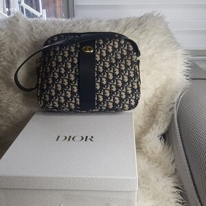 Auth Christian Dior CD Logo Trotter Canvas Leather Navy Shoulder Bag Wt Box